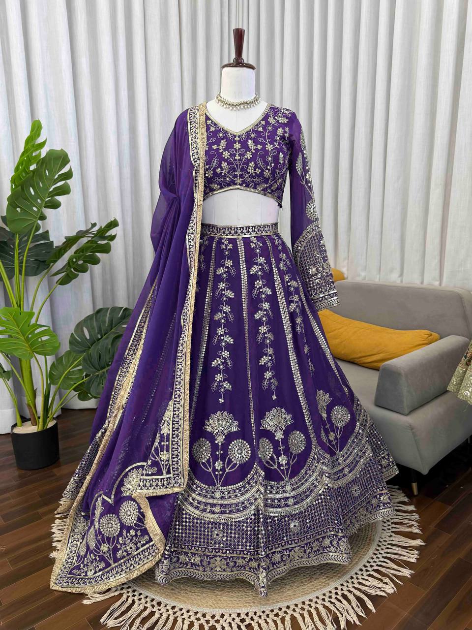Prazu Fashion Royal Purple Georgette Thread With Sequence Designer Lehenga