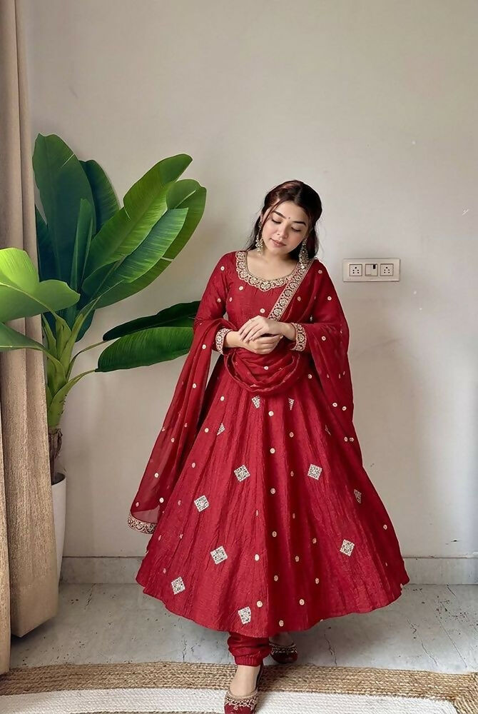 Teeya Creation New Trendy Elegant Red Embroidered Anarkali Suit with Dupatta