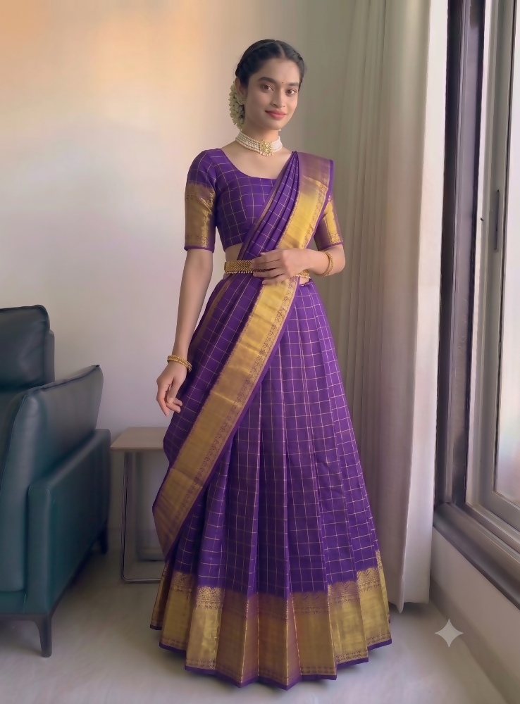 Teeya Creation Royal Purple Checkered Silk Lehenga Choli with Rich Gold Zari Border