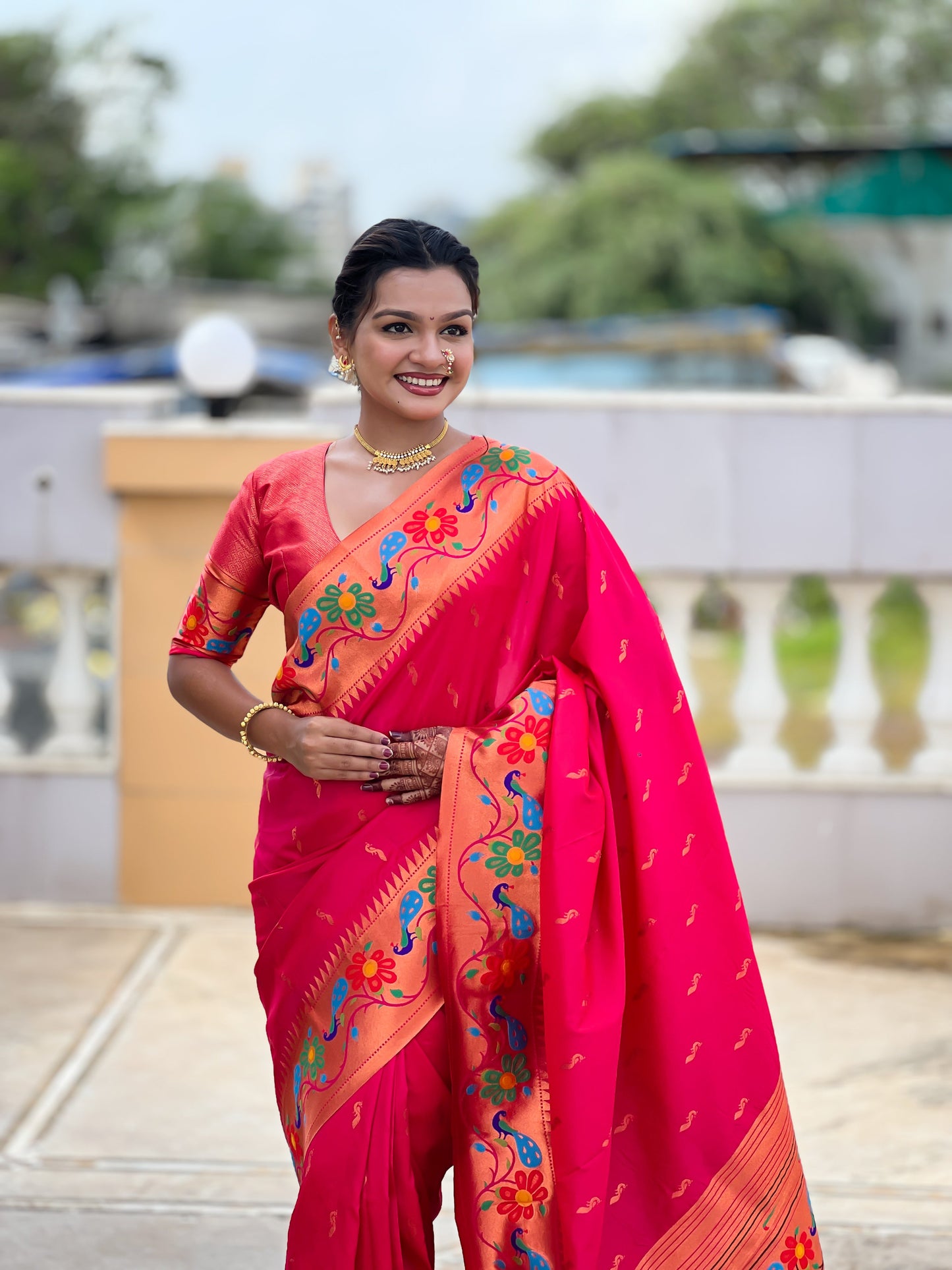 Mameraa Sarees Pink Green Faux Banarasi Silk Saree With Paithani Rich Weaved Pallu And Blouse-Pink