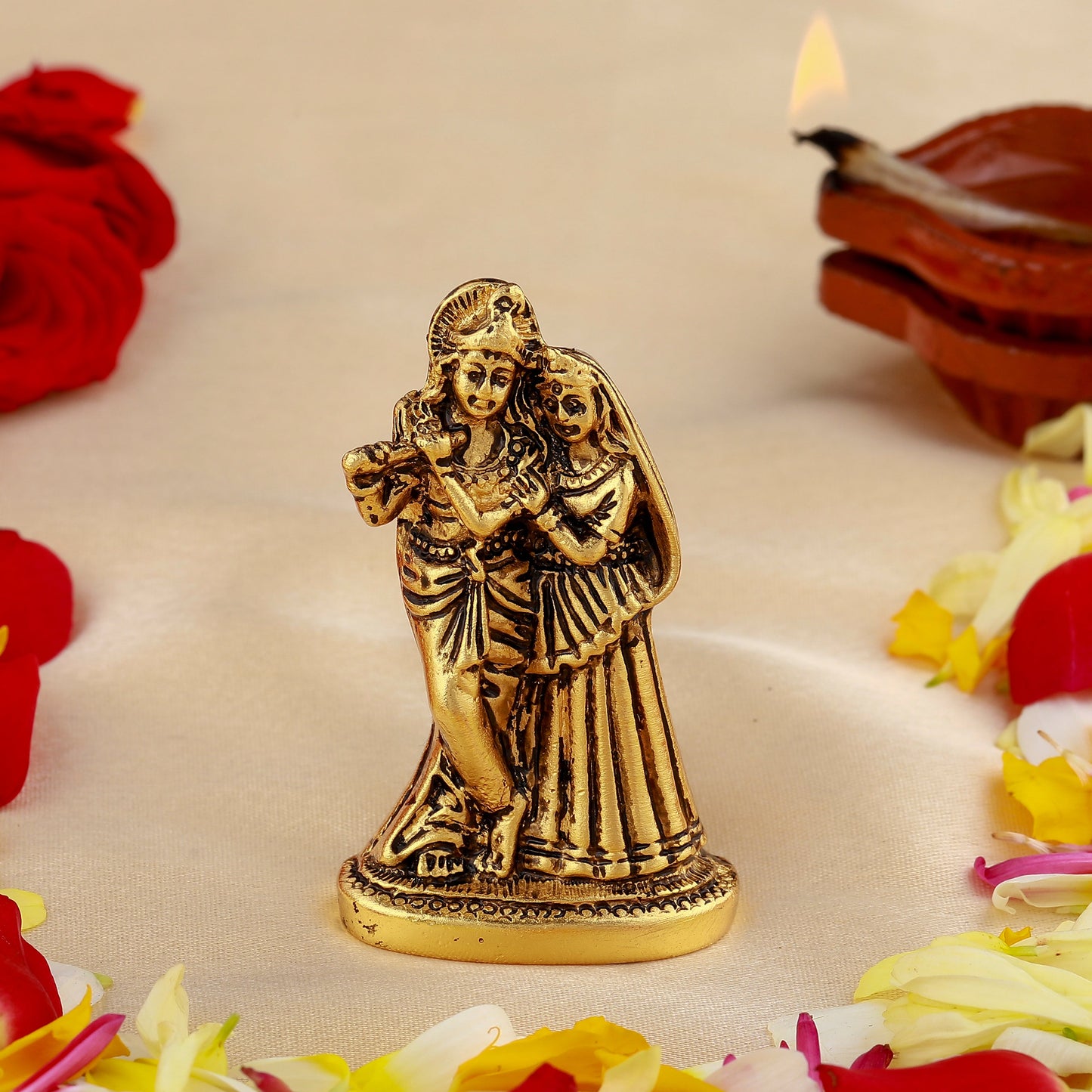 Estele Gold Plated Antique Devotional Shree Radha Krishna Idol/Deity for Pooja Mandir| House Warming| Gifts/Car & Office Decors