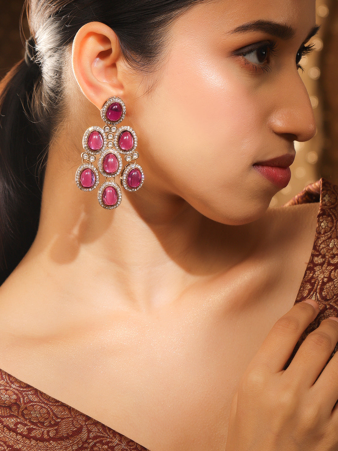 Contemporary American Diamond Zirconia Pink Danglers