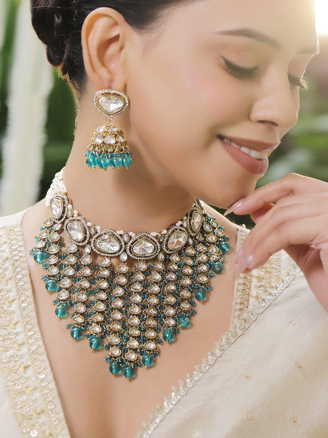 Rubans 22K Gold-Plated White Kundan & Cubic Zirconia Studded Multi-Layer Necklace Set