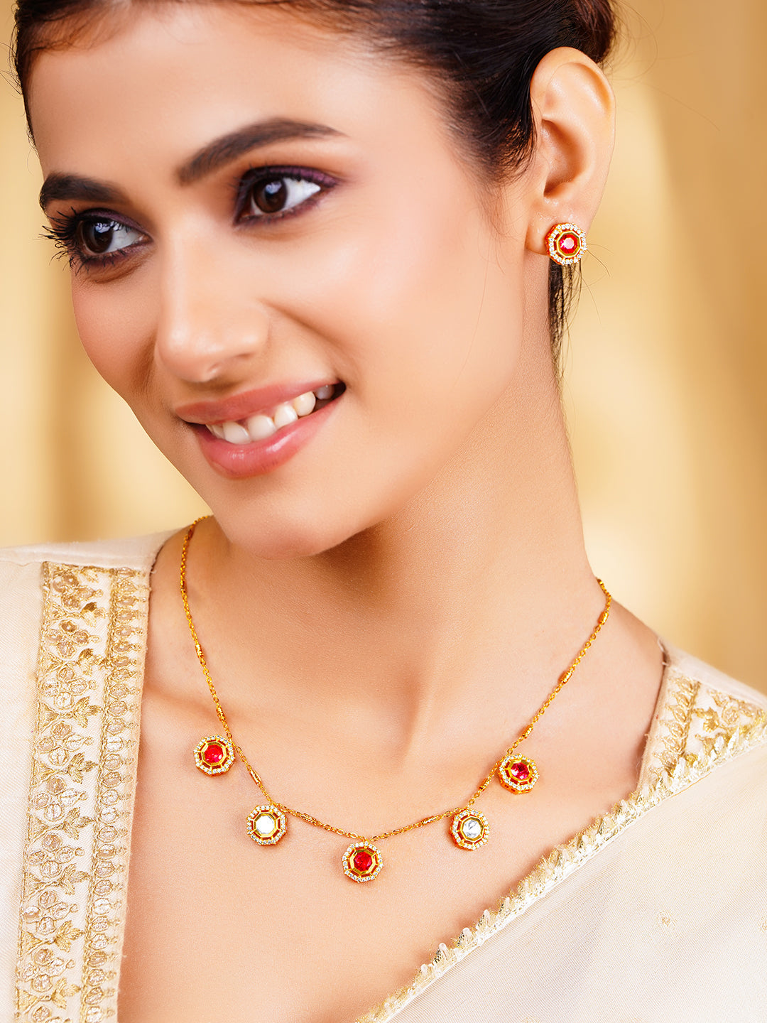 Ruby Zirconia Drop Charm Necklace Set
