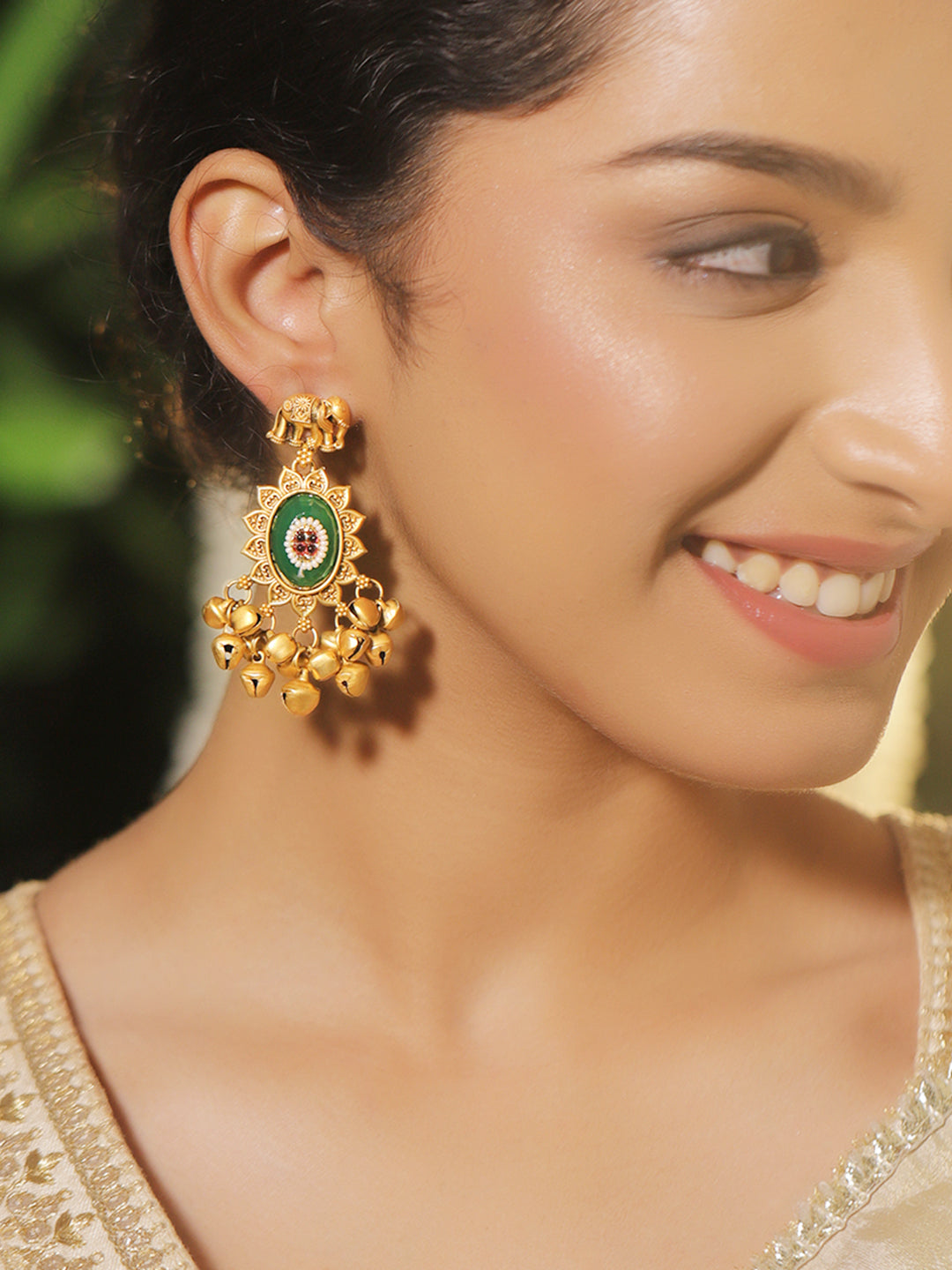 Elephant Motif Emerald Gold Beaded Kashmiri Danglers