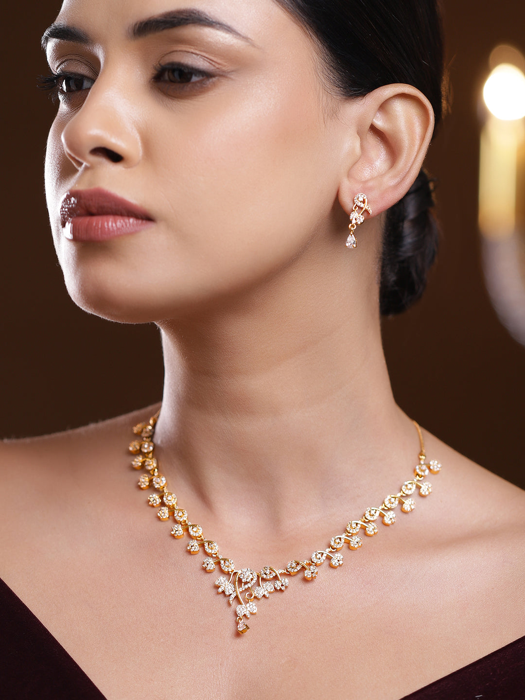 White American Diamond Zirconia Gold Necklace Set