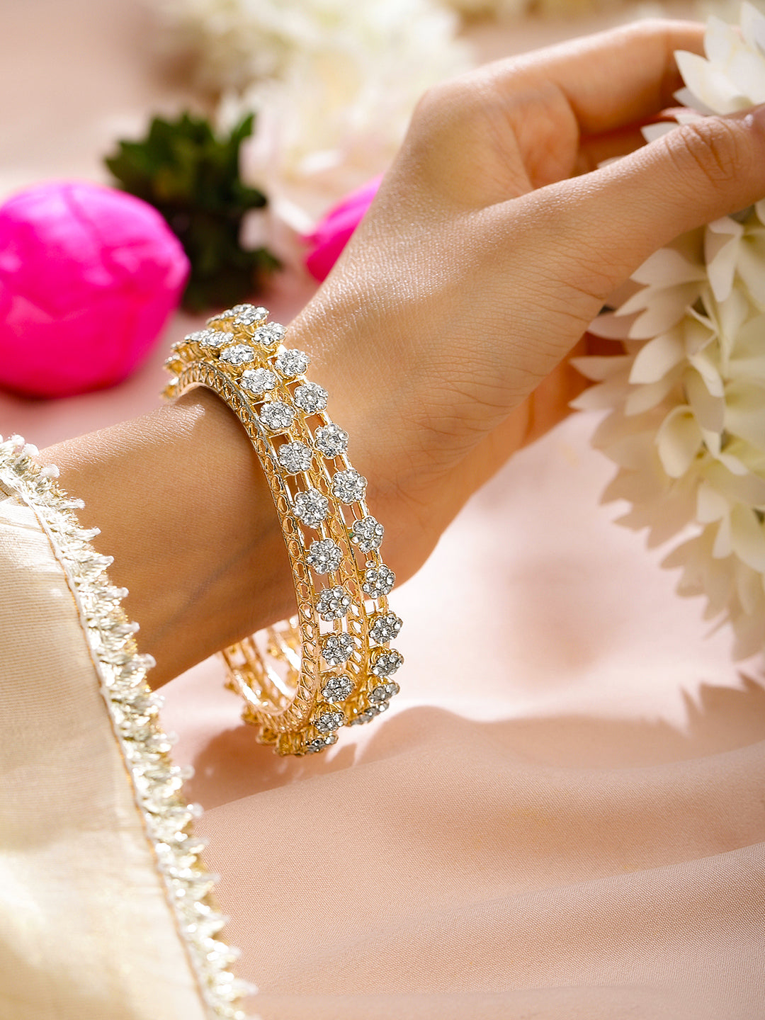 Rubans Set of 2 18K Gold-Plated AD Studded Floral Filigree Handcrafted Bangles