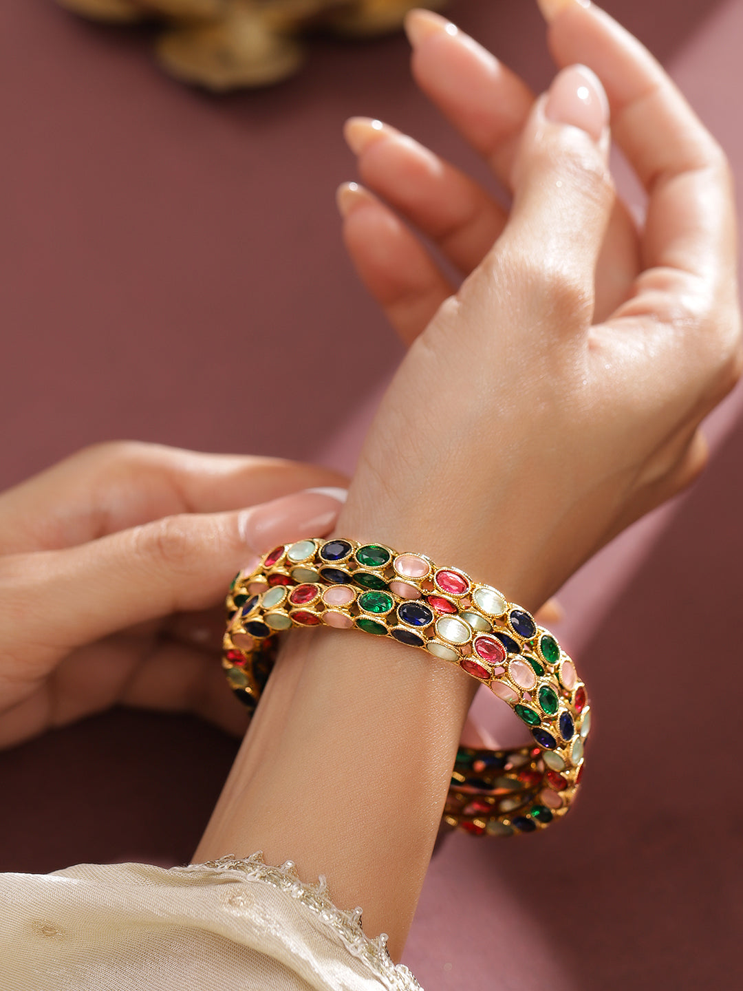 Rubans Set of 2 18K Gold-Plated Multi-Coloured Oval Stone Studded Designer Bangles