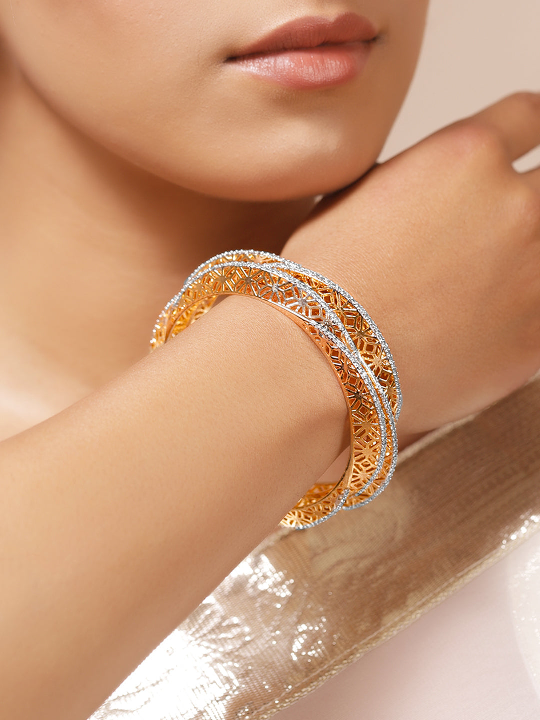 American Diamond Zirconia Golden Bangles Set Of 2