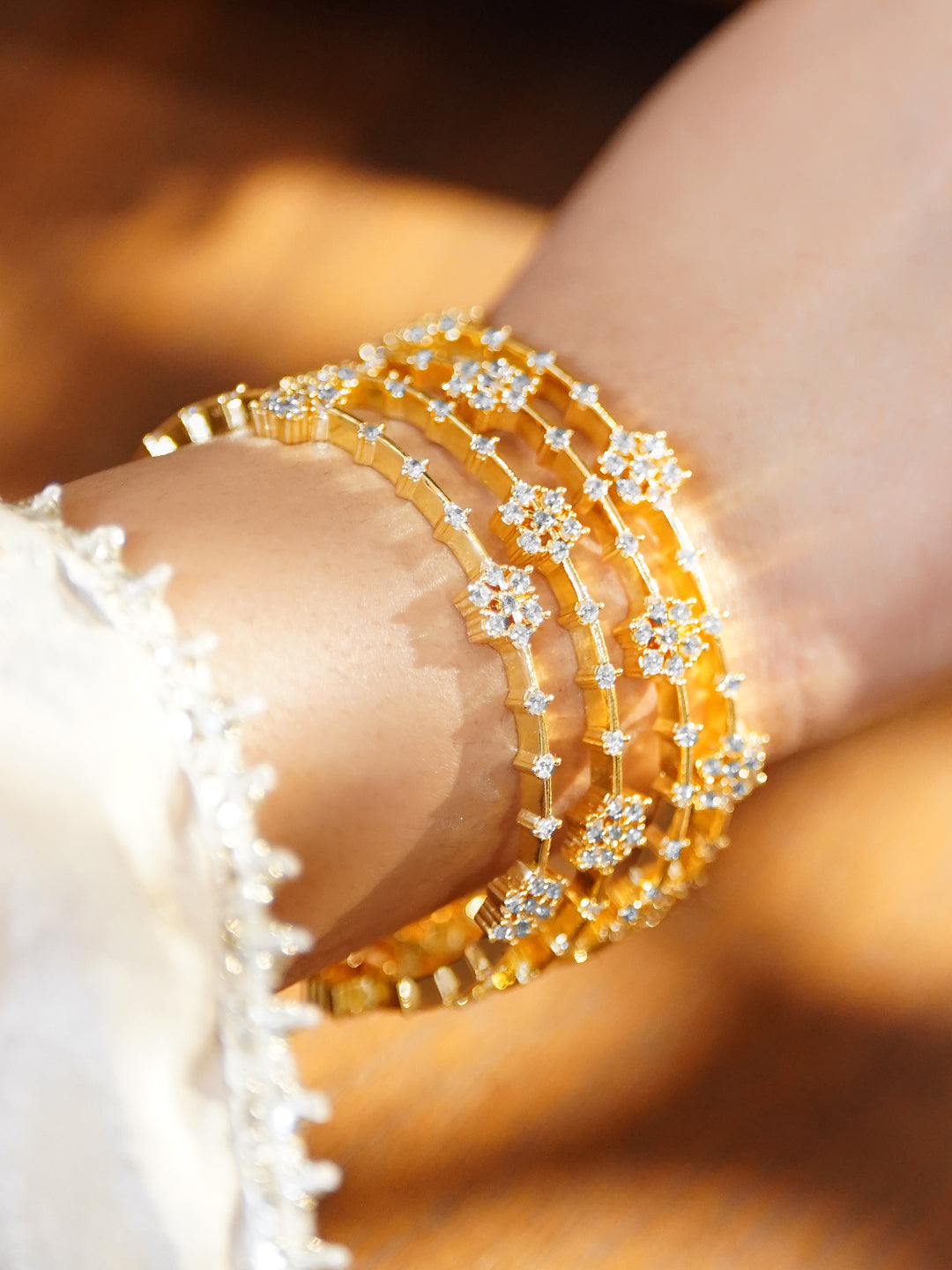 Floral American Diamond Zirconia Gold Bangles Set Of 4