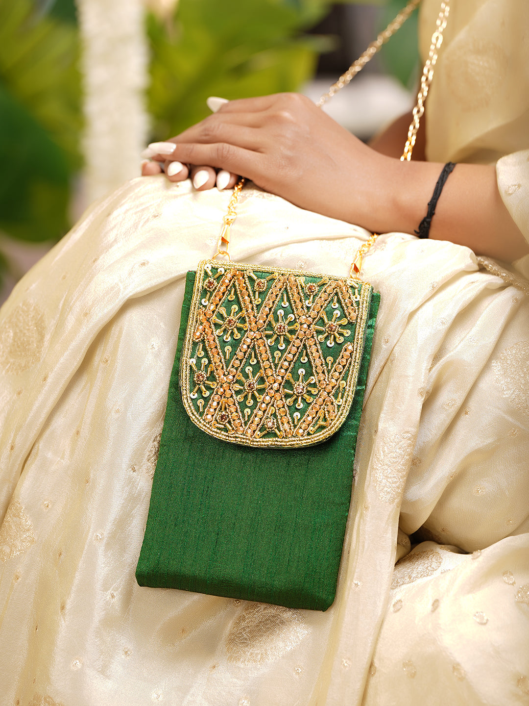 Regal Green Embroidered Festive Mobile Sling Pouch