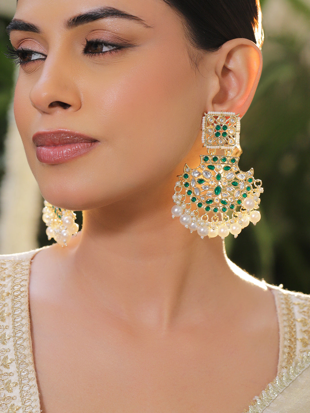 Green Kundan Chandbalis With Pearl Drops