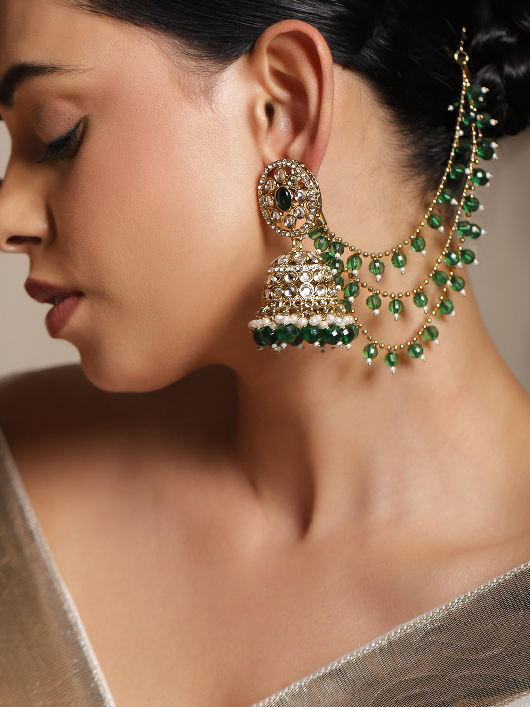Heritage Grace Green Beaded Jhumka with Kaan Chain