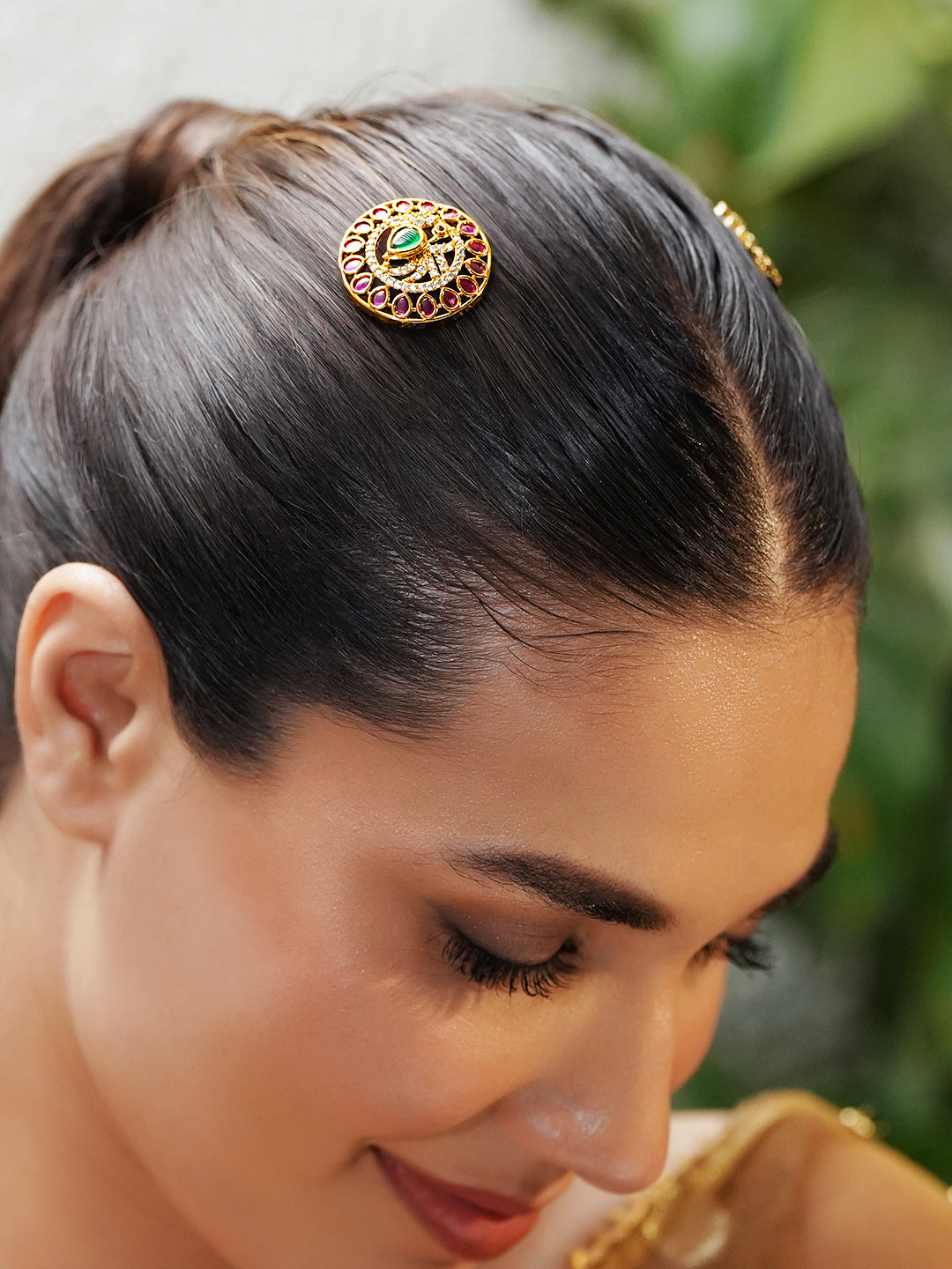 Pink & White Studded Gold Toned Hair Brooch