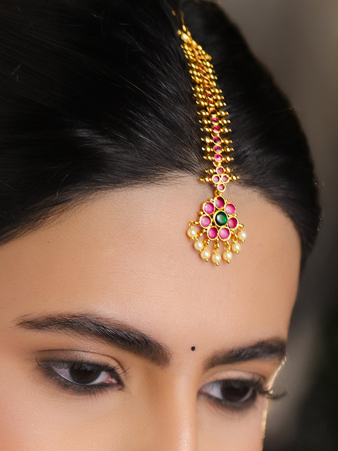 Ruby Pink Pearl Drop Golden Maang Tikka