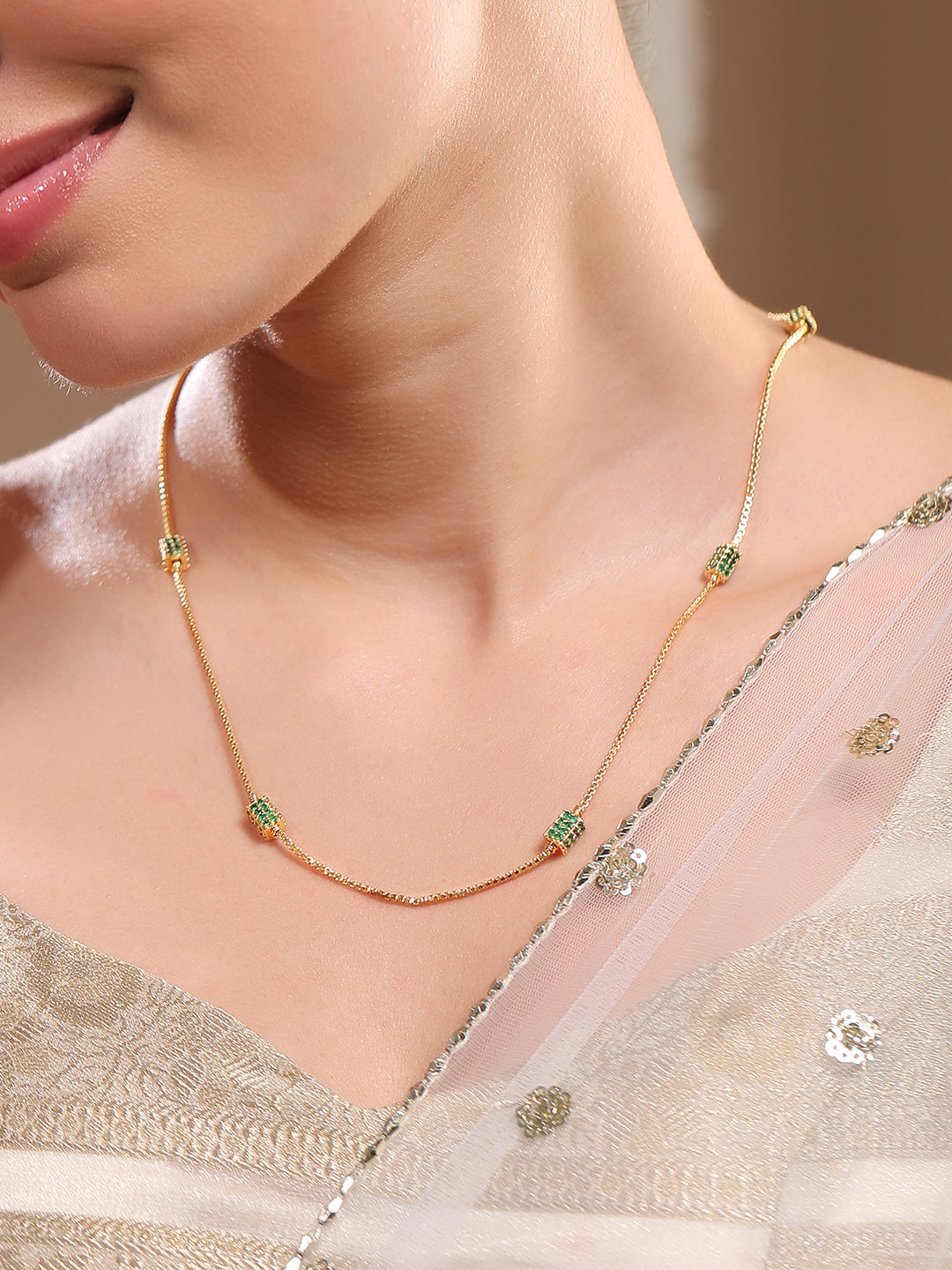 Emerald Green Beaded Gold Plated Necklace Chain
