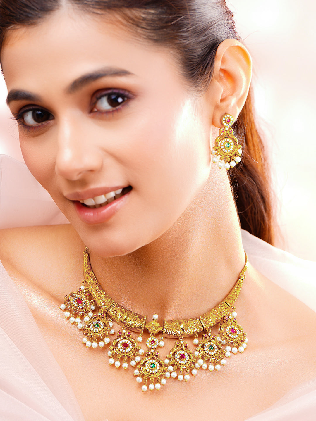 Red & Green Studded Pearl Golden Necklace Set