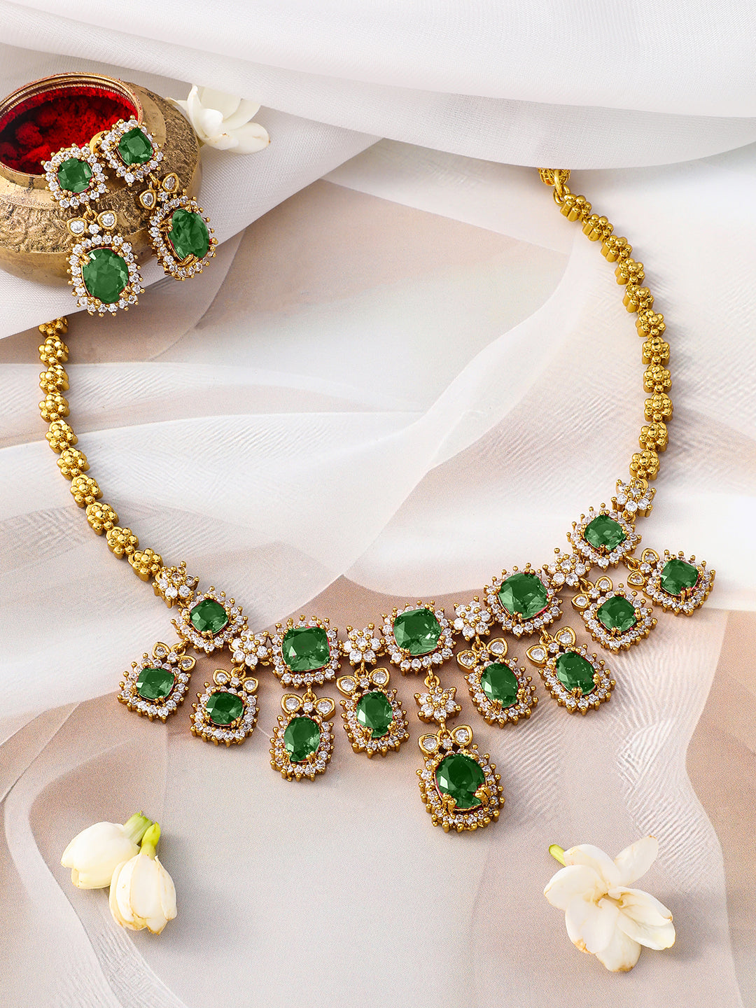 American Diamond Zirconia Emerald Studded Necklace Set