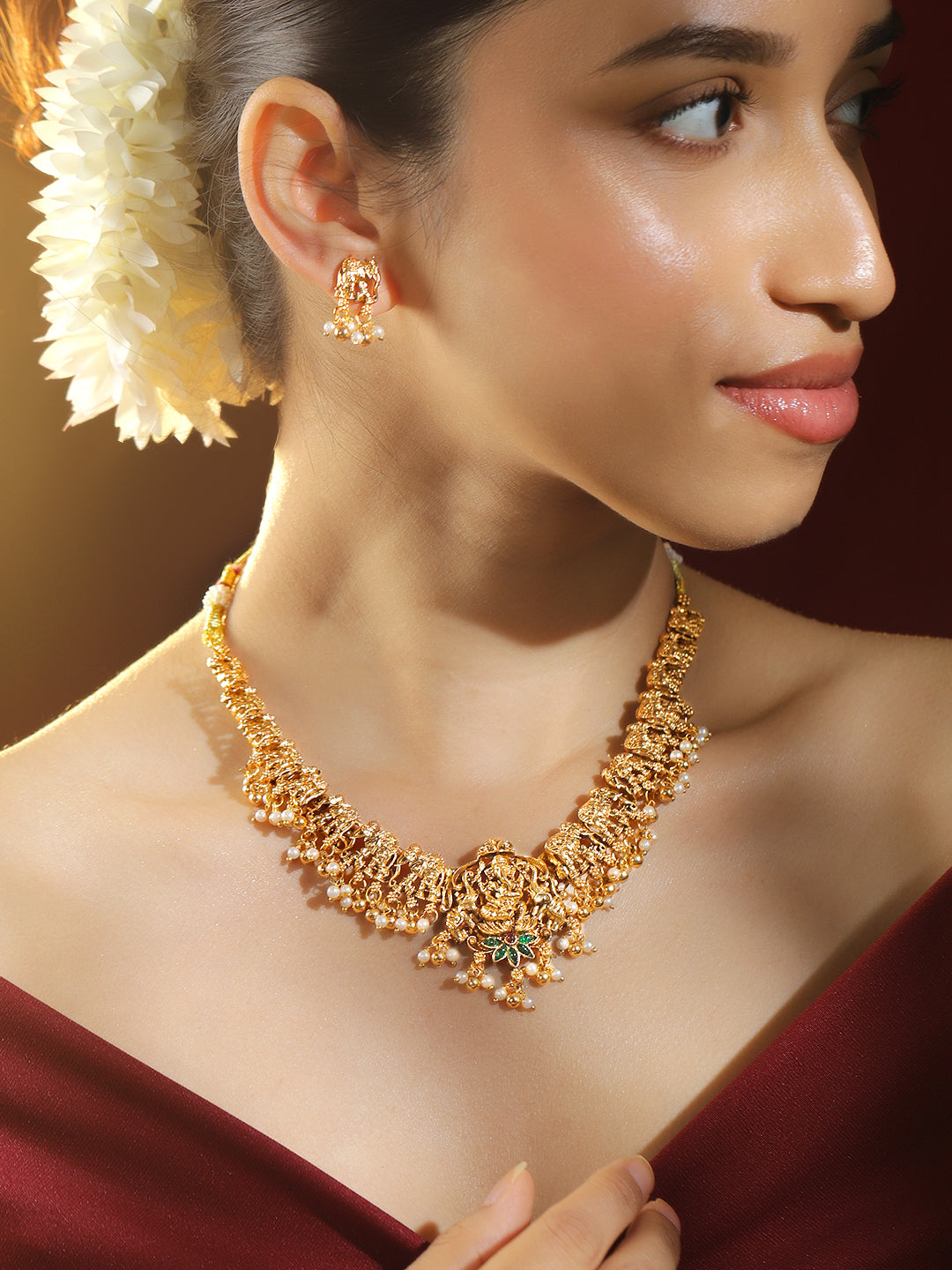 Ganesh & Elephant Motif Pearl Necklace Set