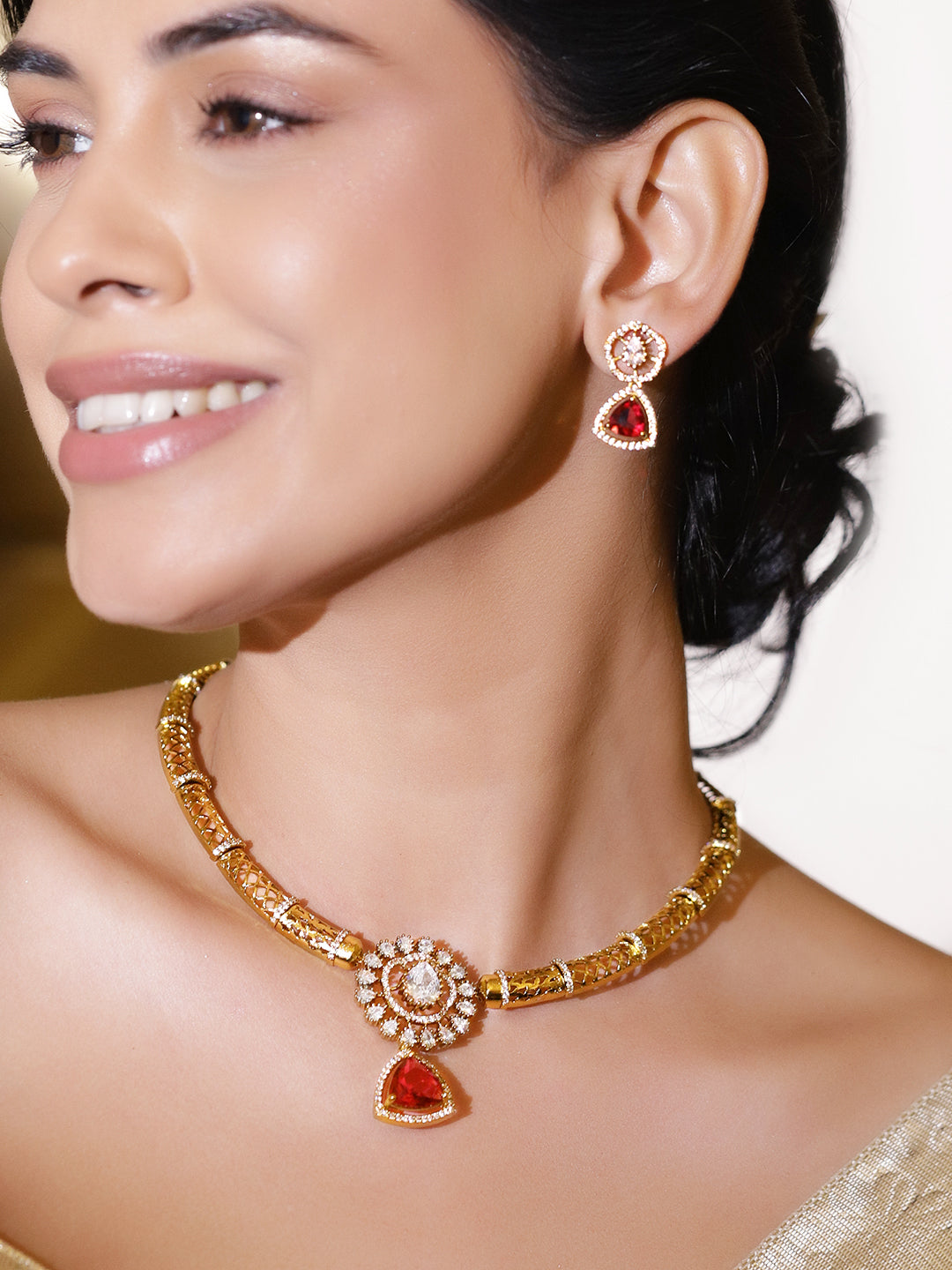 Gold Toned Kundan Red Collar Necklace