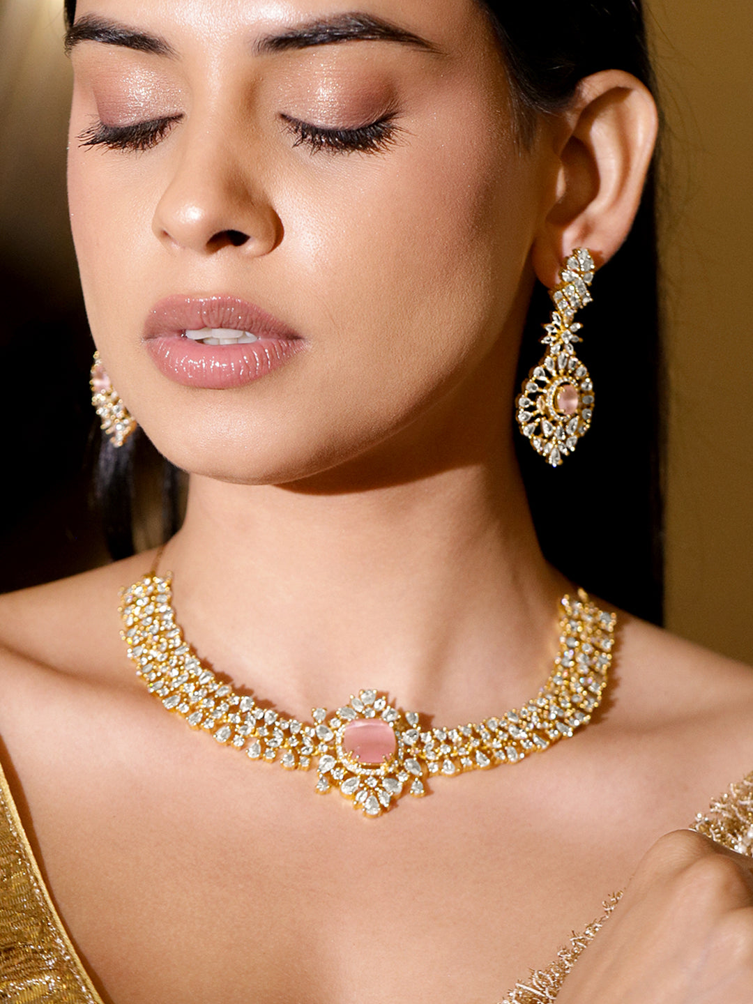 Pink American Diamond Zirconia Necklace Set