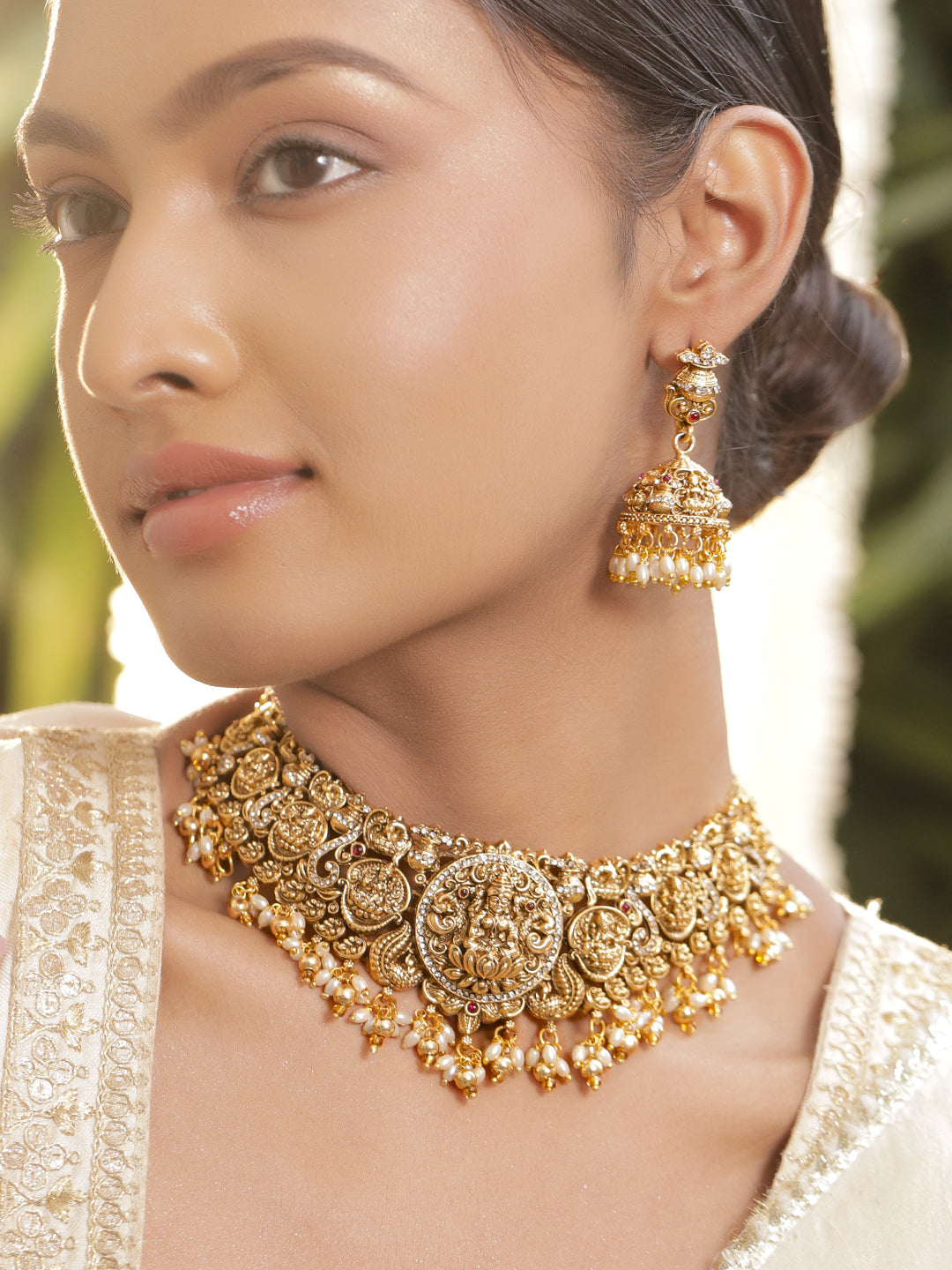 Laxmi Motif Pearl Beaded Gold Necklace Set