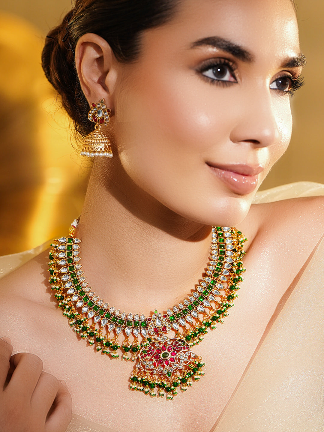 Royal Garden Bloom Dark Pink & Green Necklace Set
