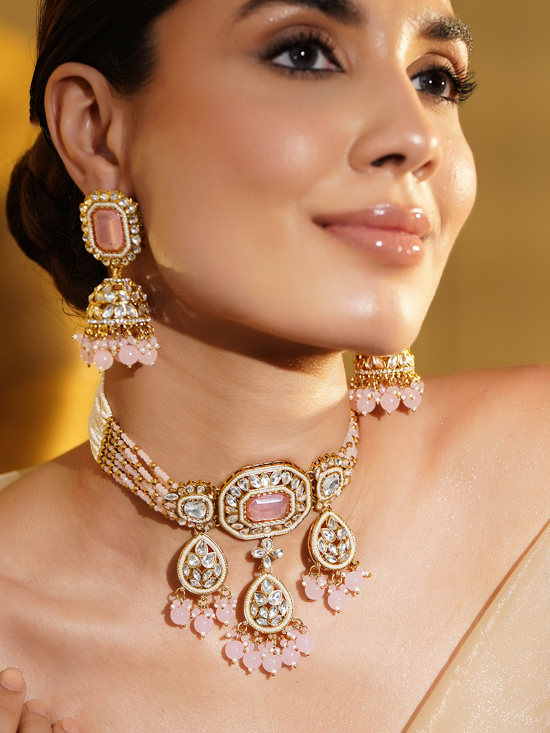 Pink & White Studded Kundan Choker Set