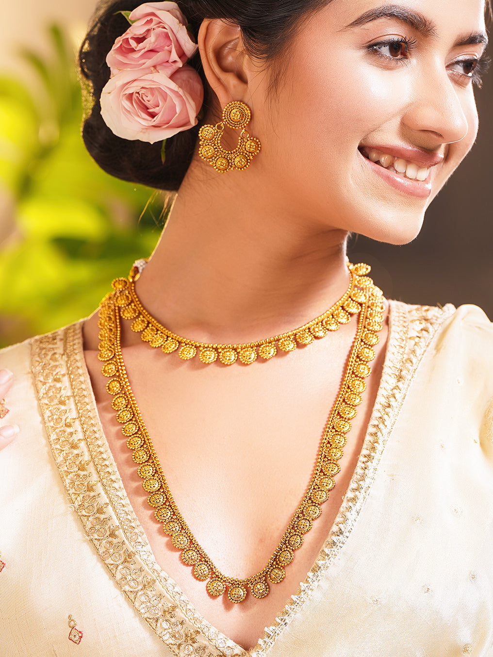 Gold Plated Brass Gold Floral Charm Necklace Set