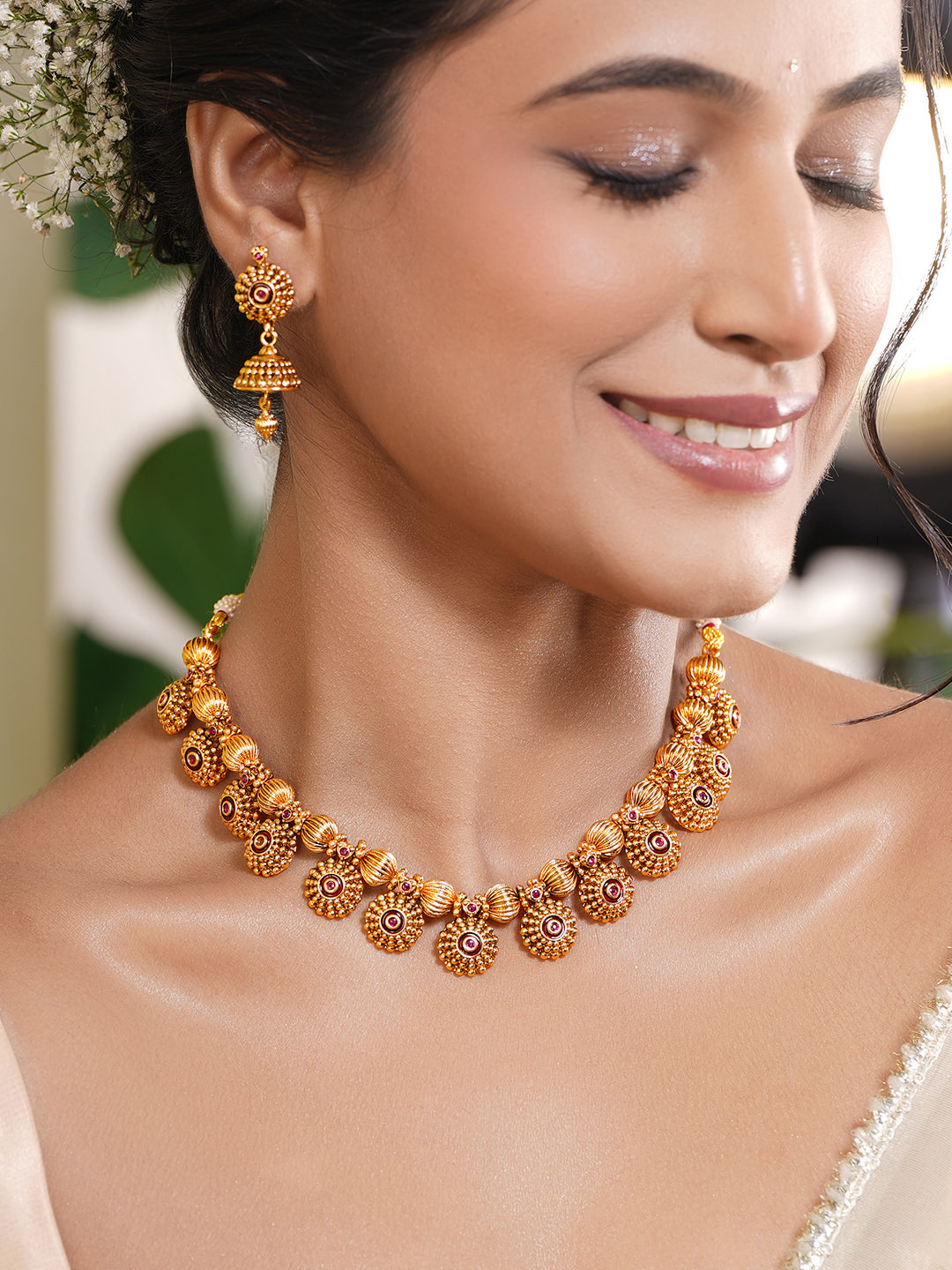 Festive Gold Beaded Floral Necklace Set