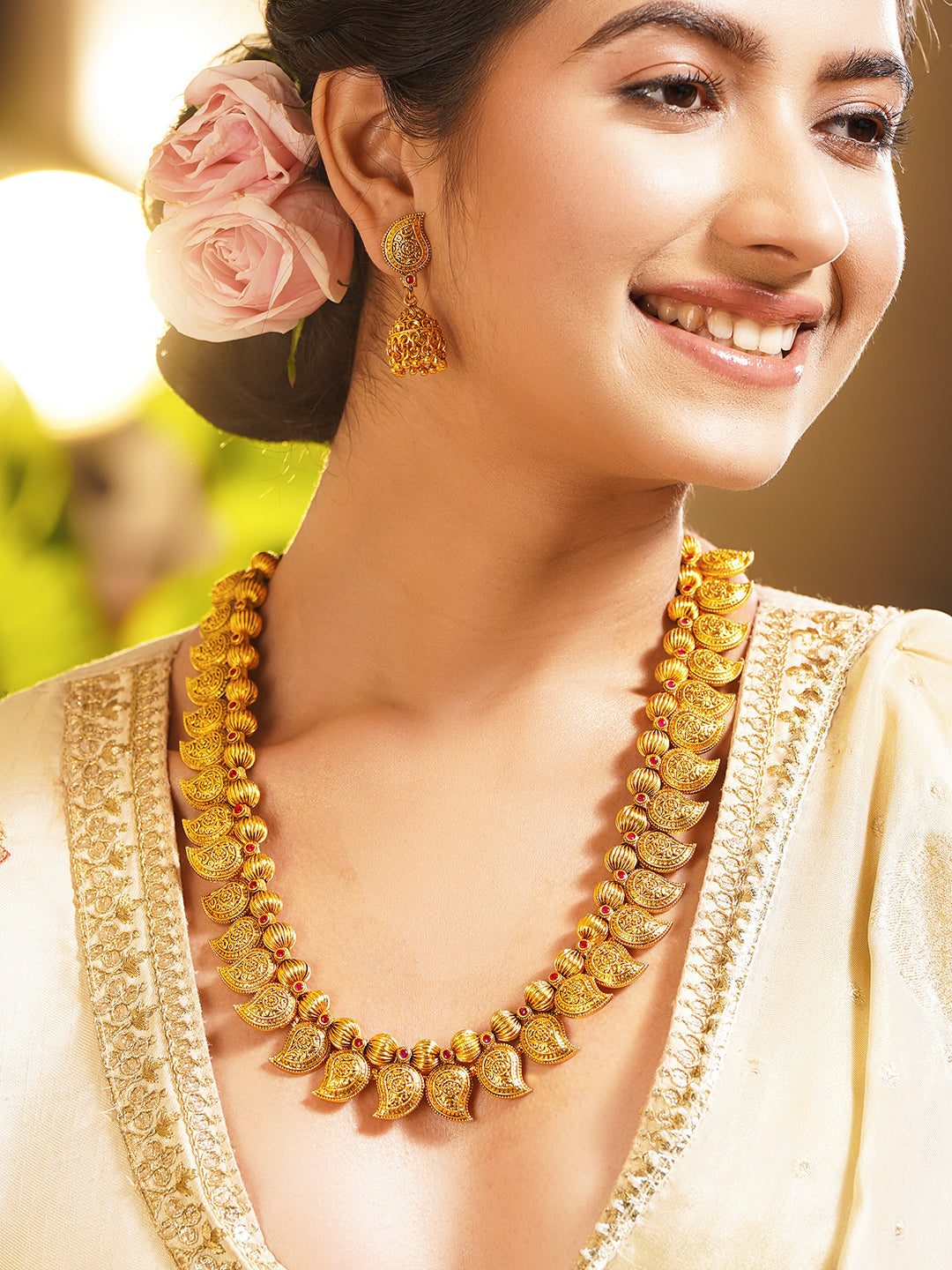 Rubans 18K Gold Plated Brass Gold Beaded Paisley Charm Long Necklace Set
