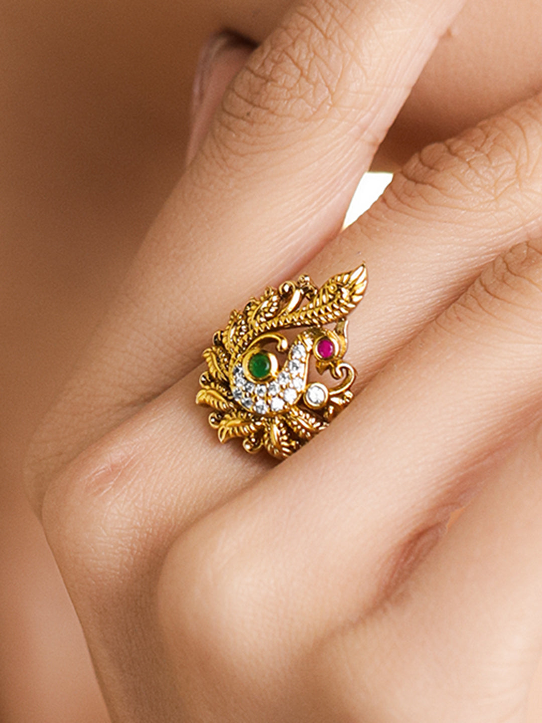 Peacock Motif Gold Toned Statement Ring