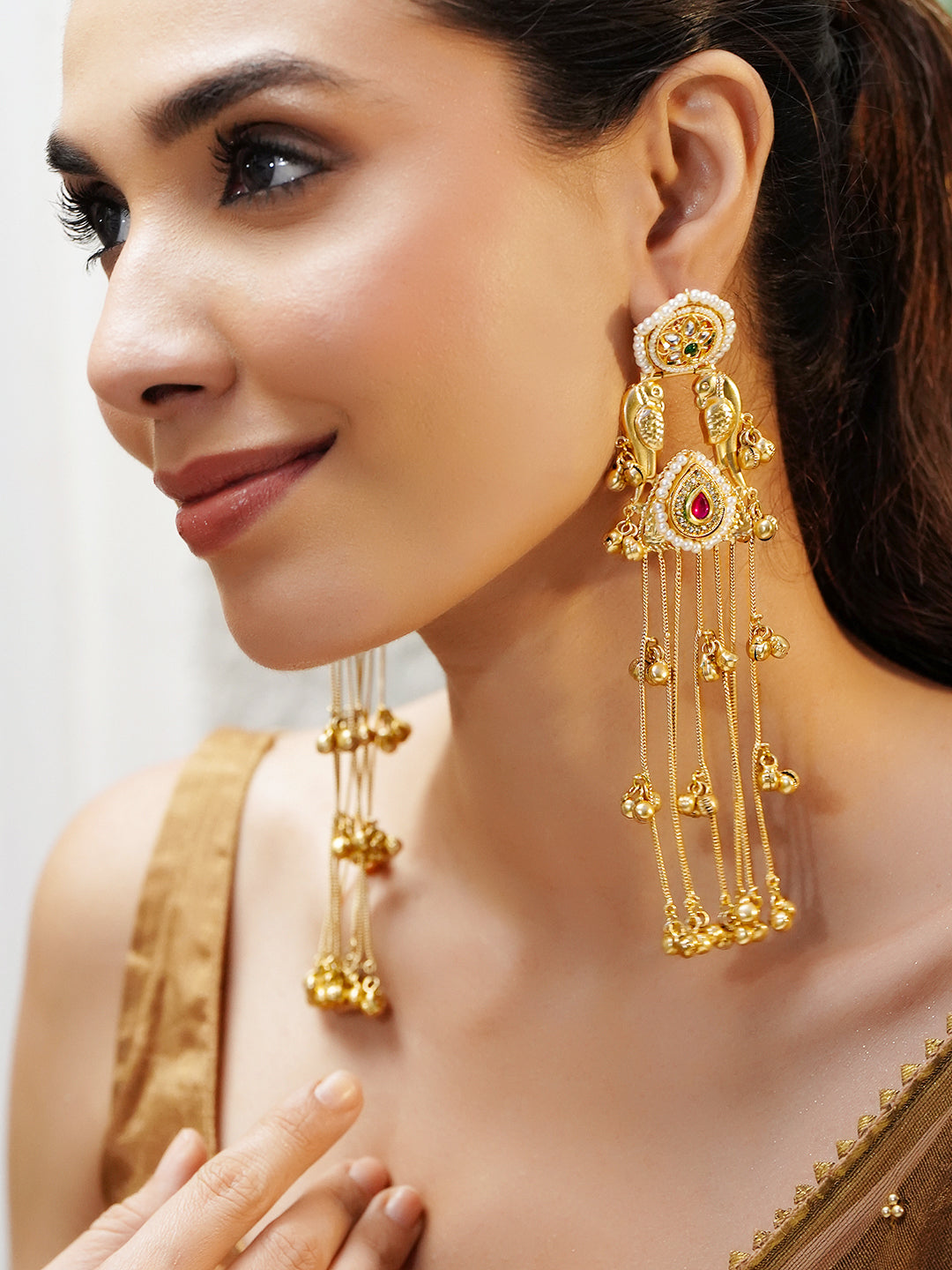 Bird Motif Gold Beaded Kashmiri Dangler Earrings