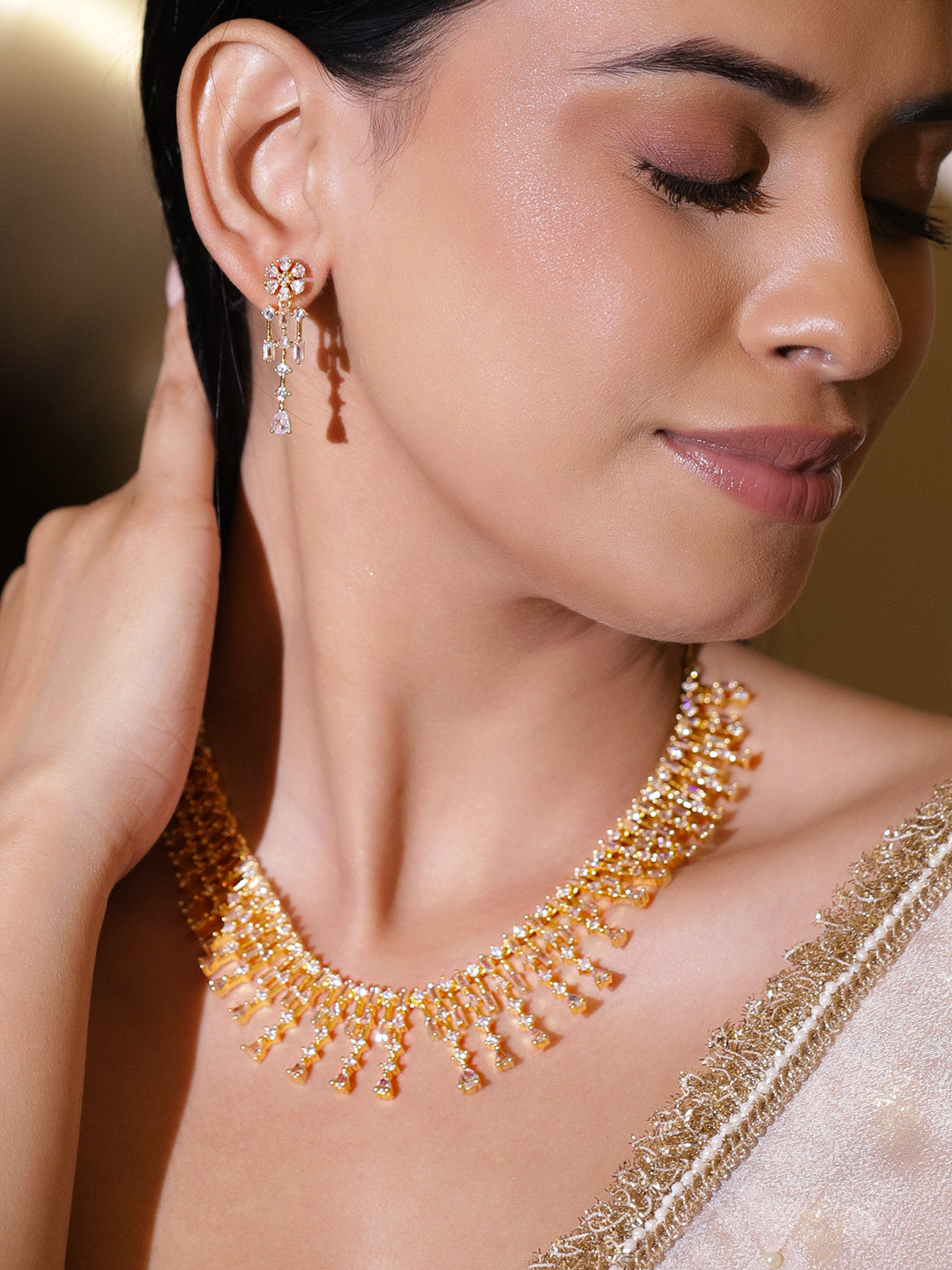 Gold Necklace Set With American Diamond Zirconia