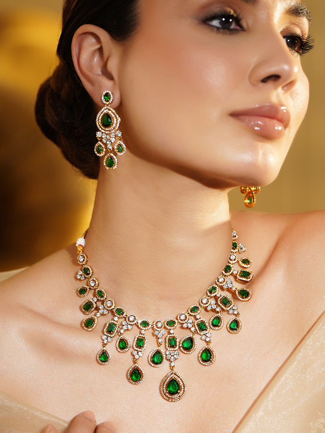 American Diamond Zirconia Emerald Necklace Set