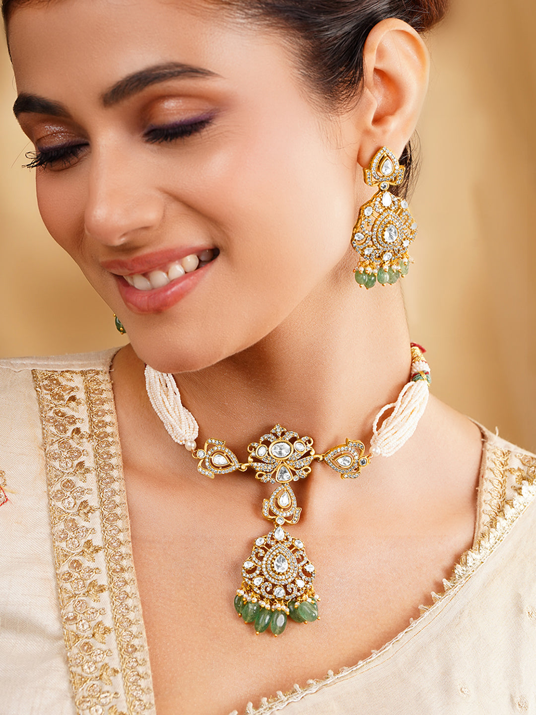 Zirconia Green Beaded Pearl Choker Set