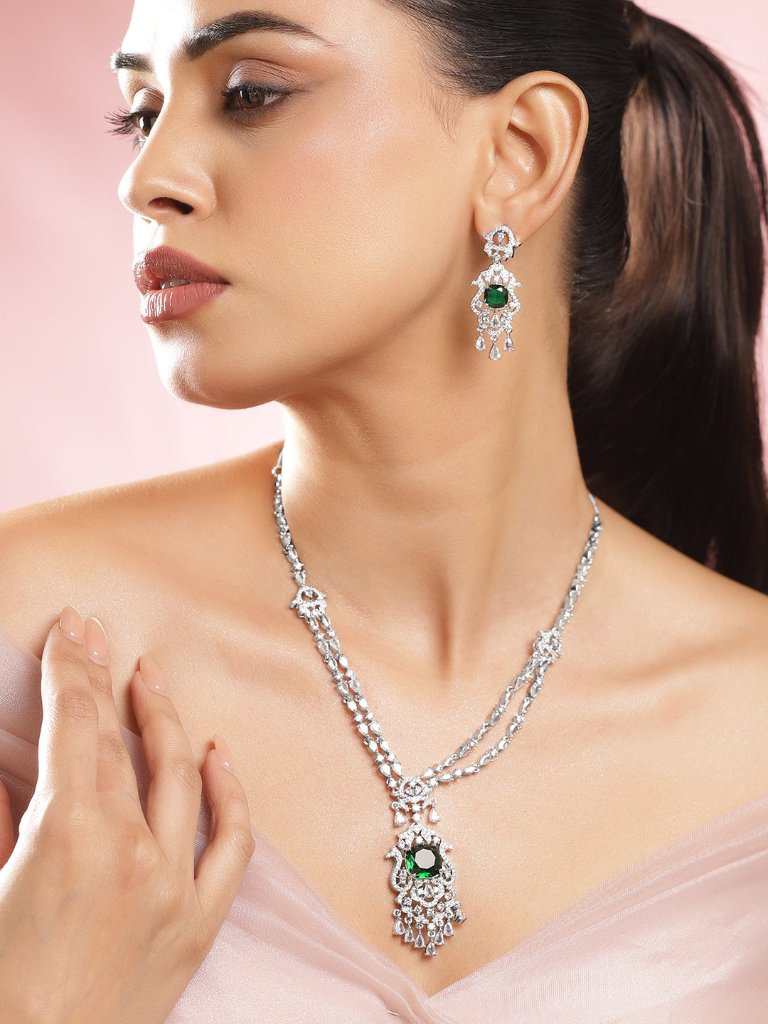 White American Diamond Zirconia Emerald Necklace Set