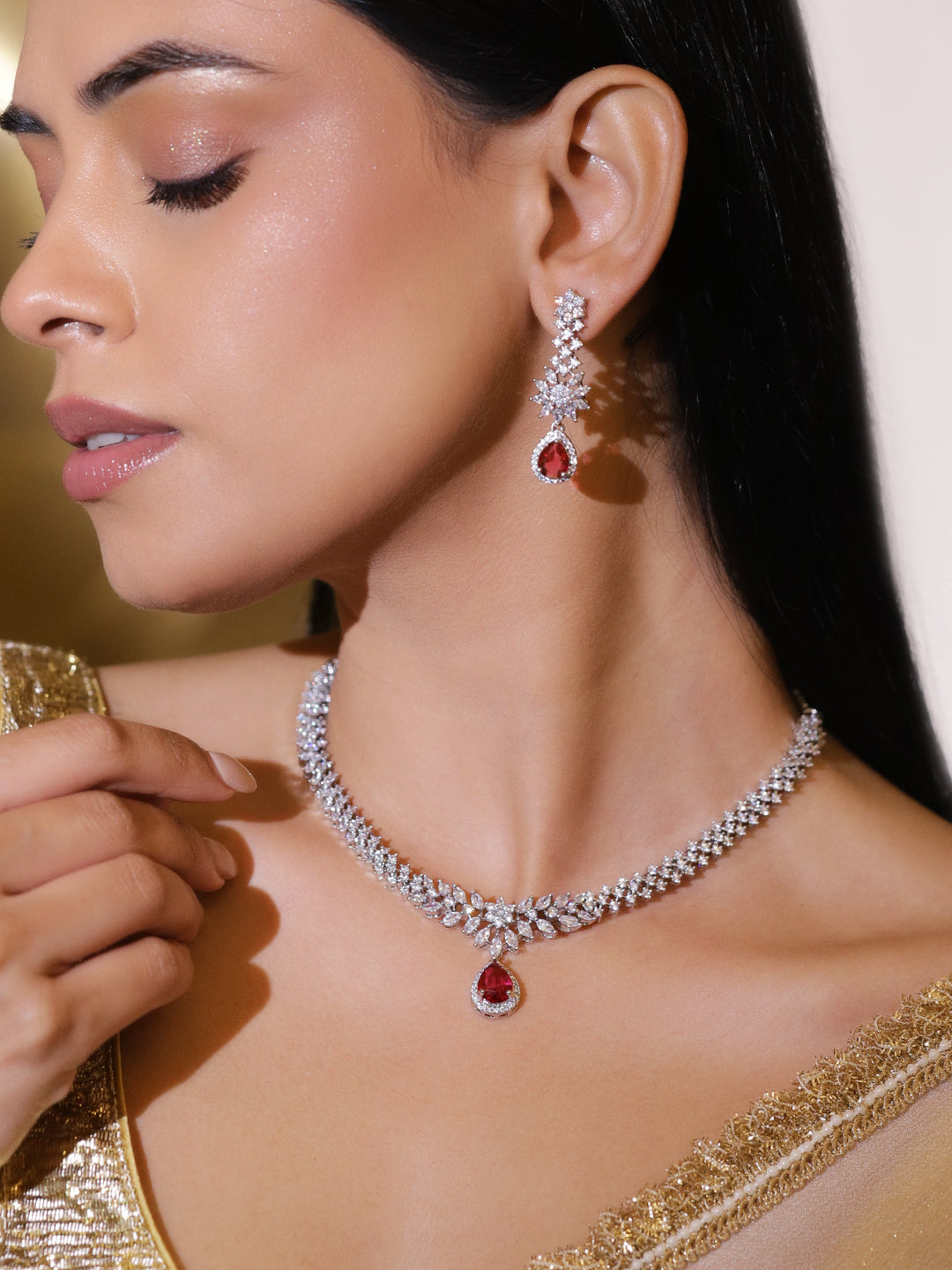 Red Teardrop American Diamond Zirconia Necklace Set