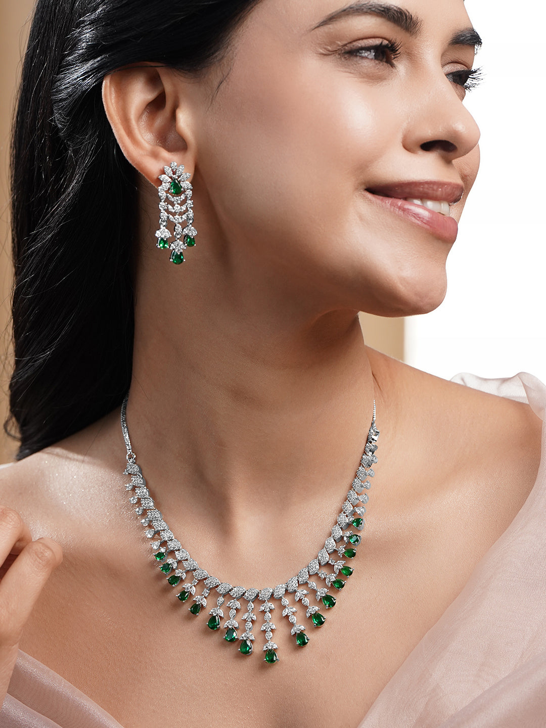 Green Teardrop American Diamond Zirconia Necklace Set