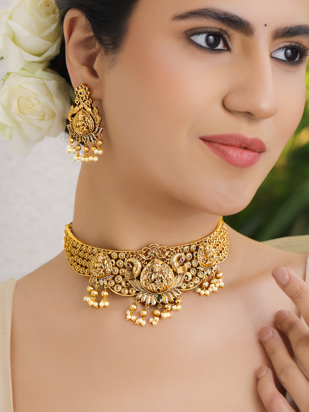 Laxmi Motif Gold Toned Pearl Drop Choker Set