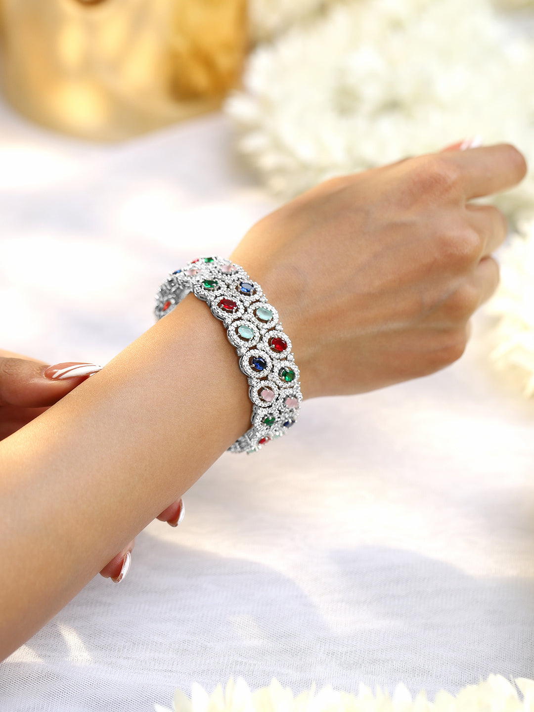 Rubans Rhodium-Plated Multicolor Cubic Zirconia Studded Premium set of 2 Bangles
