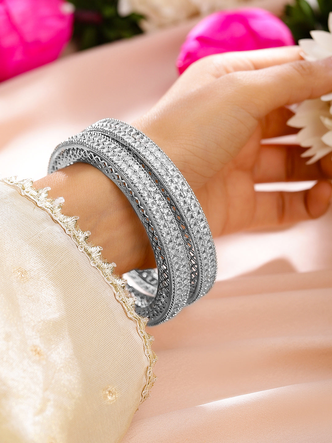 Rubans Set of 2 Rhodium-Plated White Cubic Zirconia Studded Luxe Bangles for Women