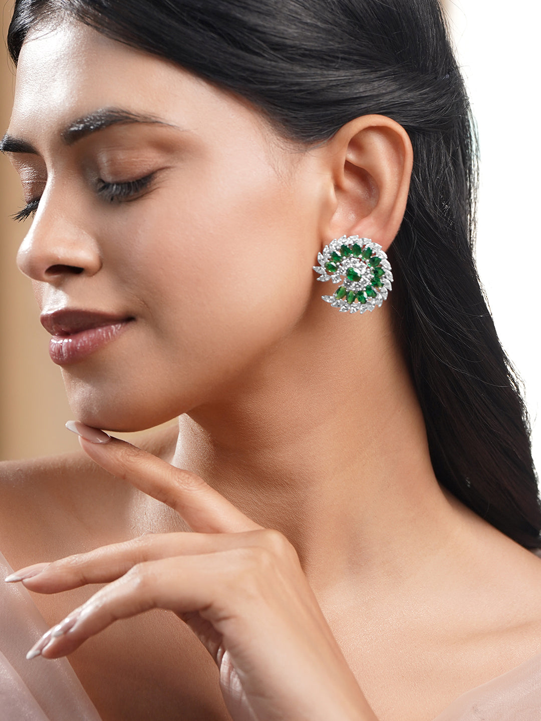 Emerald Diamond Floral Statement Stud Earrings