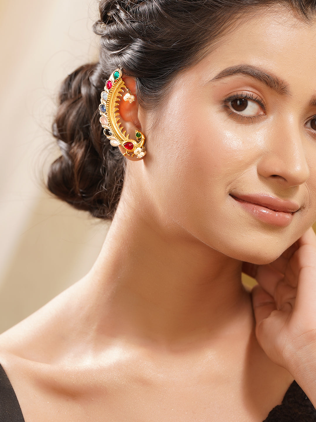 Gold Plated Brass Multicolour Kundan Pearl Dual Tone Ear Cuff Earrings