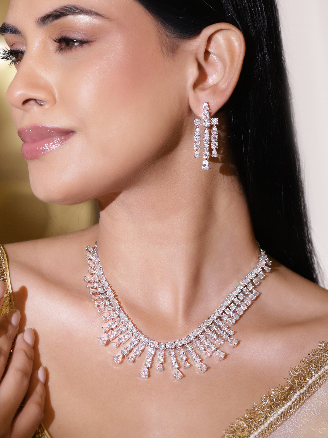 Crystal Studded White Necklace Set