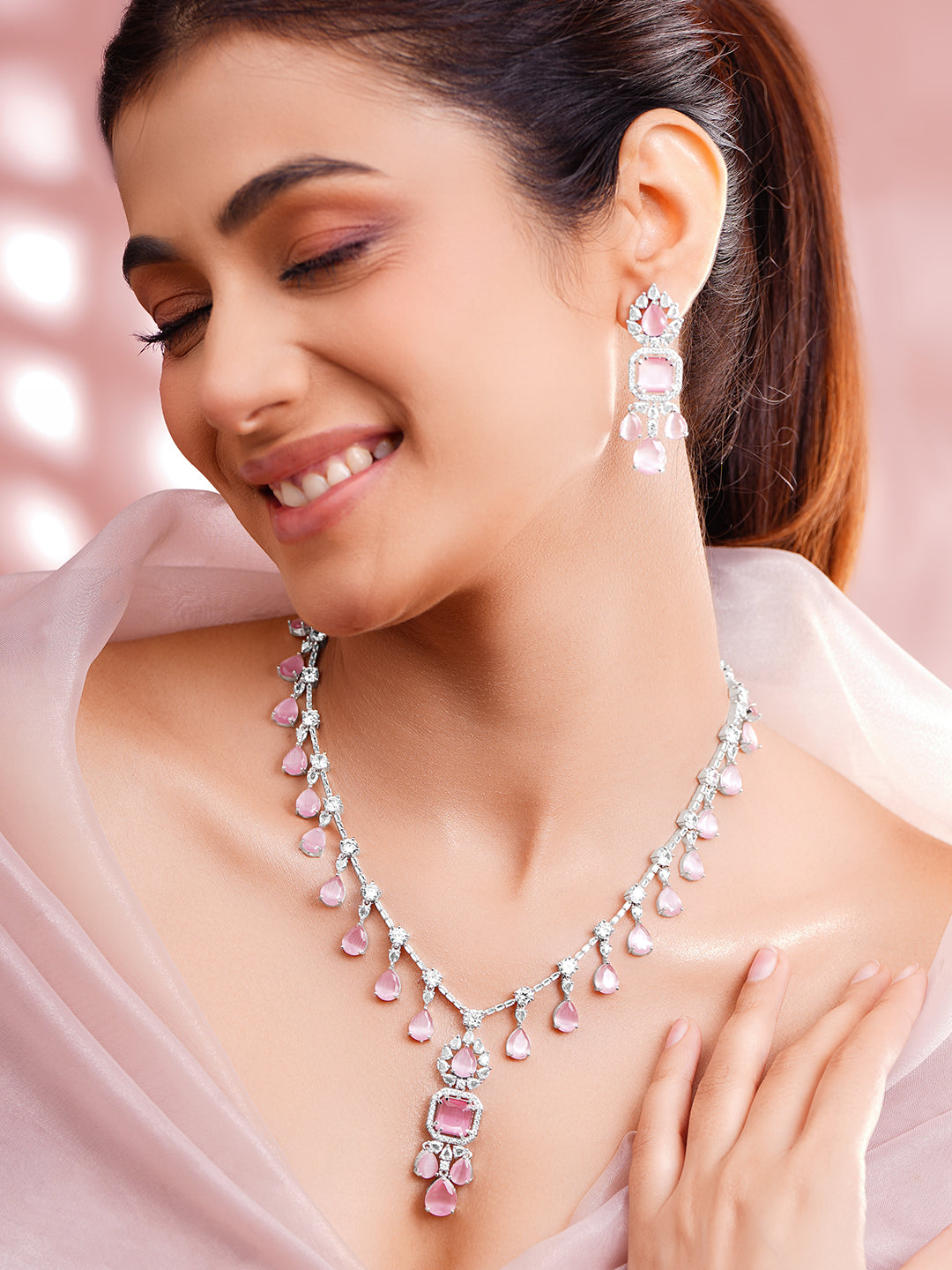 Blush Bloom Crystal Pink Necklace Set