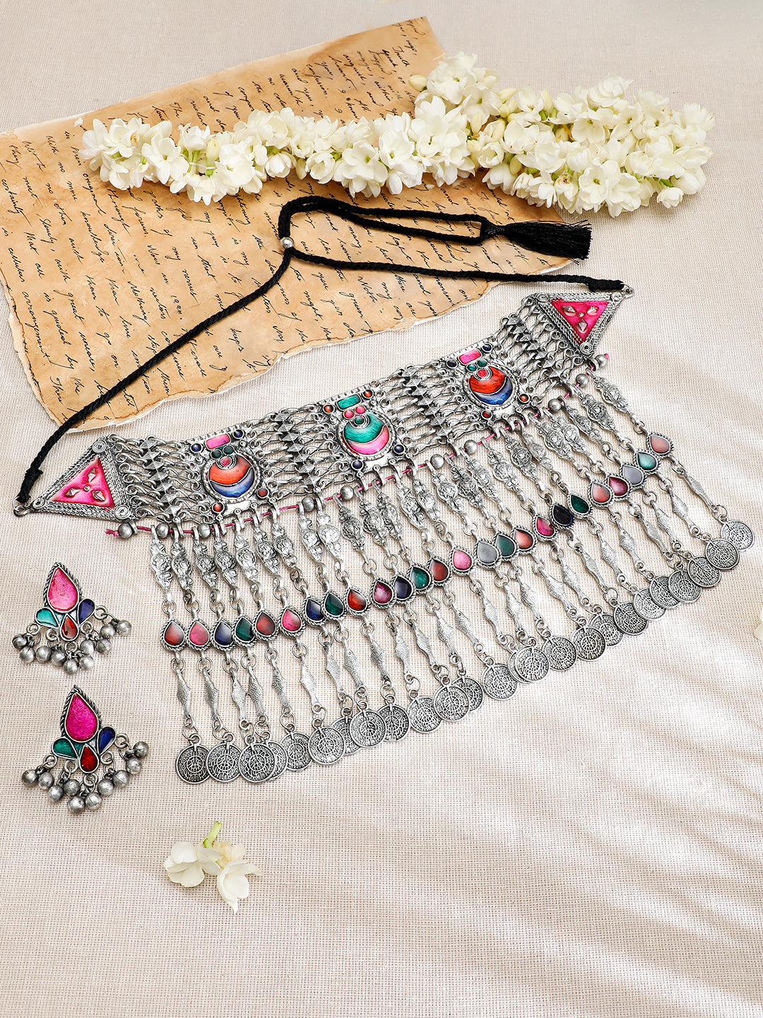 Multicolor Oxidised Afghani Necklace Set