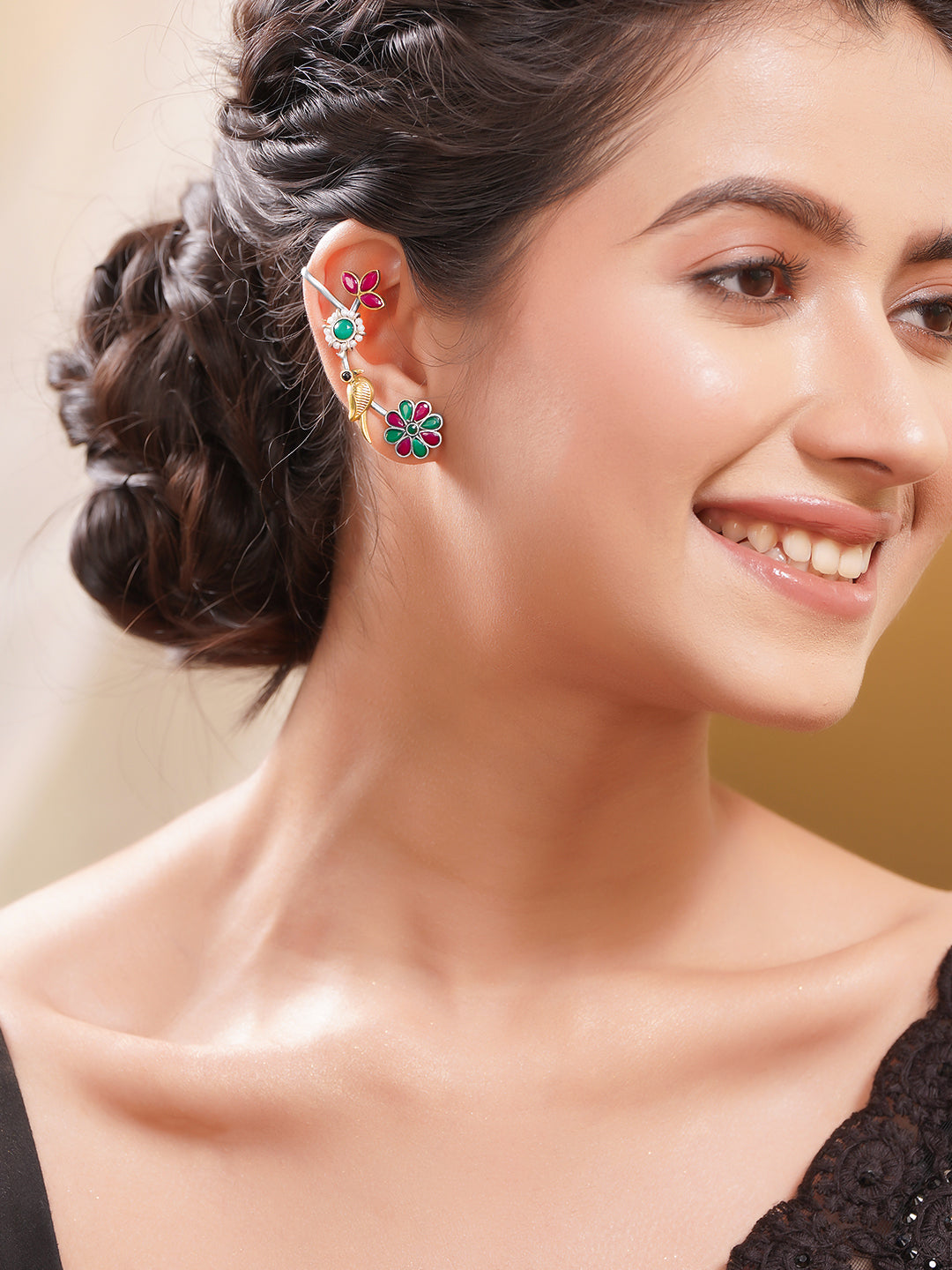 Women Oxidised Silver Tone Brass Multicolour Glass Kundan Pearl Ear Cuffs