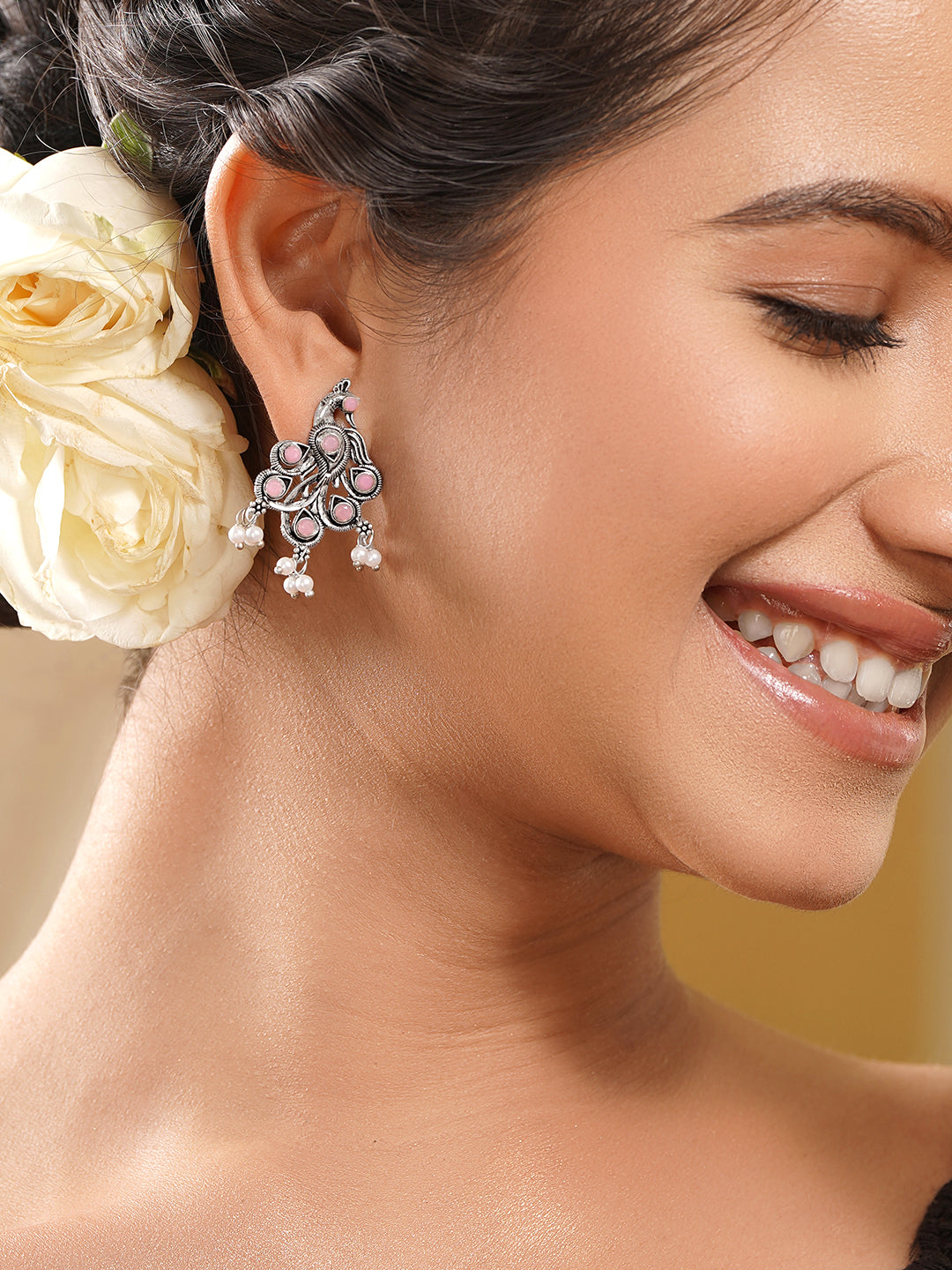 Oxidised Pastel Pink Peacock Stud Earrings