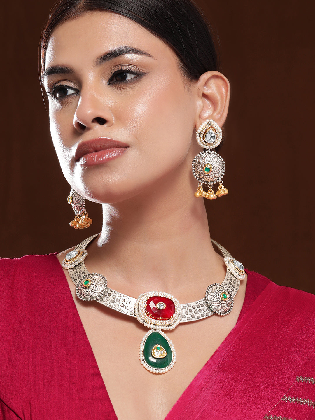Ruby & Emerald Oxidized Choker Set